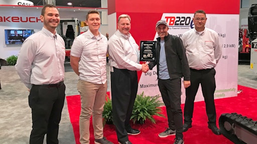 Left to right they are: Robert Vistad, Takeuchi regional business manager (RBM) West Region, Brendan Green, Feenaughty GM, Hampton Wideman, Takeuchi RBM SW Region, Randy Harris, Feenaughty president, Mike Schebetka, Takeuchi RBM West Region