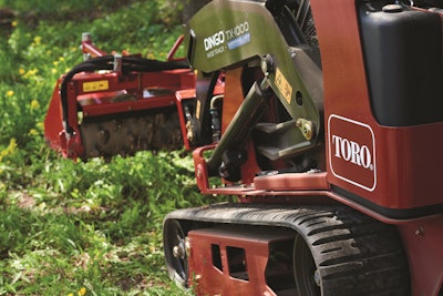 The Dingo TX 1000 Wide Track. From earth moving, tilling and trenching to leveling, lifting, hauling and demolishing, all Toro Dingo models can be equipped with over 35 attachments to handle an endless amount of tasks.
