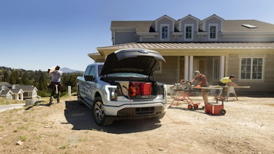 The F-150 Lightning features the largest front trunk in the industry with 400 liters of volume and 400 lbs. of payload. You can fit one check bag plus two carry-ons. You could fit two full sets of golf clubs. Essentially, we’re giving you your cabin back.