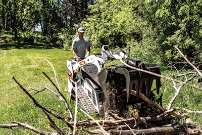 Mini skid steers are offered with numerous attachments. In addition to the bucket, another popular one within the green industry is the grapple.