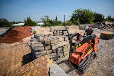 Operators can now have one machine for a variety of landscaping tasks. For example, an operator can take one machine on a job, load, dig or move material with a backhoe attachment, swap out to a trenching attachment to dig an irrigation line and then attach a bucket to remove dirt and then restore the ground with a box rake attachment.