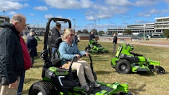 Editor Sarah Webb tests out one of Greenworks Commercial's new OptimusZ mowers.
