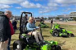 Editor Sarah Webb tests out one of Greenworks Commercial's new OptimusZ mowers.