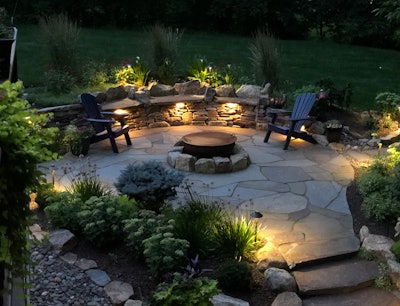 A night view of the stonework, lighting and ambiance.