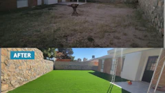 A before and after of the backyard that was transformed with artificial grass.