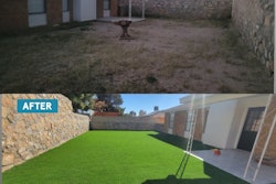 A before and after of the backyard that was transformed with artificial grass.