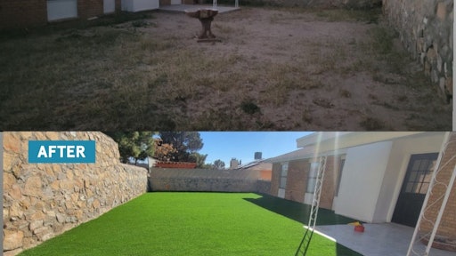 A before and after of the backyard that was transformed with artificial grass.