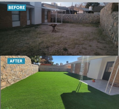 A before and after of the backyard that was transformed with artificial grass.