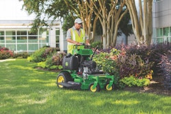Stand-on mowers allow landscape pros to cut around nonlinear turf areas.