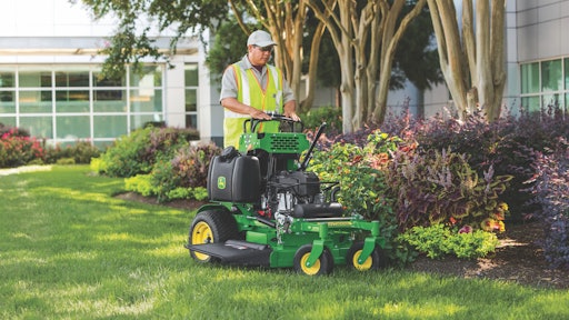 Stand-on mowers allow landscape pros to cut around nonlinear turf areas.