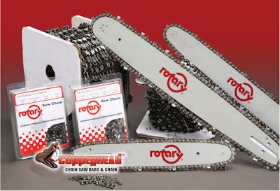 The chainsaw bars feature low profile, semichisel and skip tooth chain in cut loops or 25-foot and 100-foot reels.