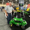 Carl Agee shows off John Deere's new QuikTrak Stand-On Mower.