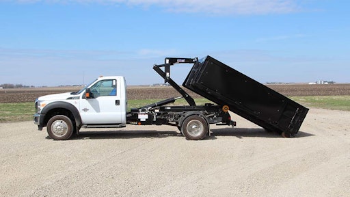 Designed for construction and landscape projects, the hooklift features a 16,000-pound lifting capacity.