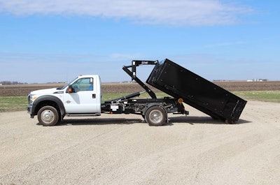 Designed for construction and landscape projects, the hooklift features a 16,000-pound lifting capacity.