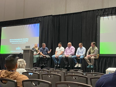 L to R: Lindsey Kruse, manager, customer success, Aspire Software; Mark Tipton, CEO, Aspire Software; Nasim Niwar, president, Nasim Landscape; Chad Reinhart, founder, Reinhart Landscape; Allen Sweeney, founder and CEO, Aphix; and JT Price, founder, Landscape Workshop, discuss how to grow a green industry business.