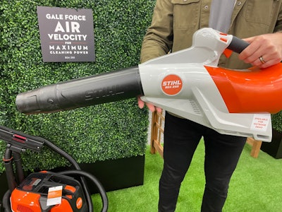 The new Stihl BGA 250 is a lightweight blower that delivers a maximum velocity of 190 mph and 26 Newtons of force, making it a formidable tool in the AP Battery System for clearing wet leaves and debris.