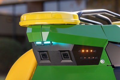 To operate autonomously and for object detection, there are several cameras installed on the front, back and sides of the mower, as well as two antennas for GPS and it uses wheel odometry to track wheel movement.