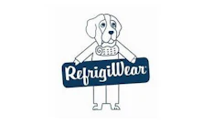 RefrigiWear logo with cartoon dog holding company sign