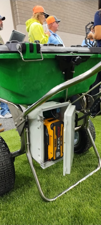 The SiteOne PROTOTYPE electric broadcast spreader was designed with a 100 lb. hopper and is self-propelled to help lawncare pros work even more efficiently. This model features a DeWalt 15 amp FlexVolt battery, but we're told that the company plans to make adapters to allow the use of other battery brands as well. At current, the plan is it should not be limited to a single battery platform.
