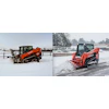 Red Kubota skid-steer loader clearing snow on winter road and field