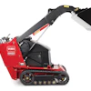 Red Toro Dingo tracked mini skid steer loader with raised bucket attachment