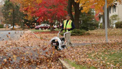 Worker in safety vest operating a leaf blower on autumn street lined with colorful fall foliage