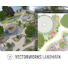 Vectorworks Landmark logo with circular V symbol and landscape design software interface