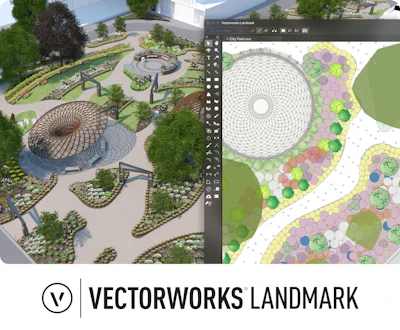 Vectorworks Landmark logo with circular V symbol and landscape design software interface