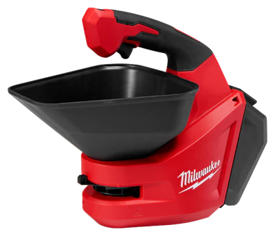 Milwaukee red and black cordless drill with mixing bowl attachment and ergonomic handle