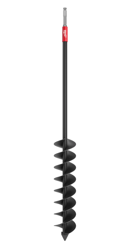 Milwaukee ground auger with black spiral drill bit and red branded handle grip