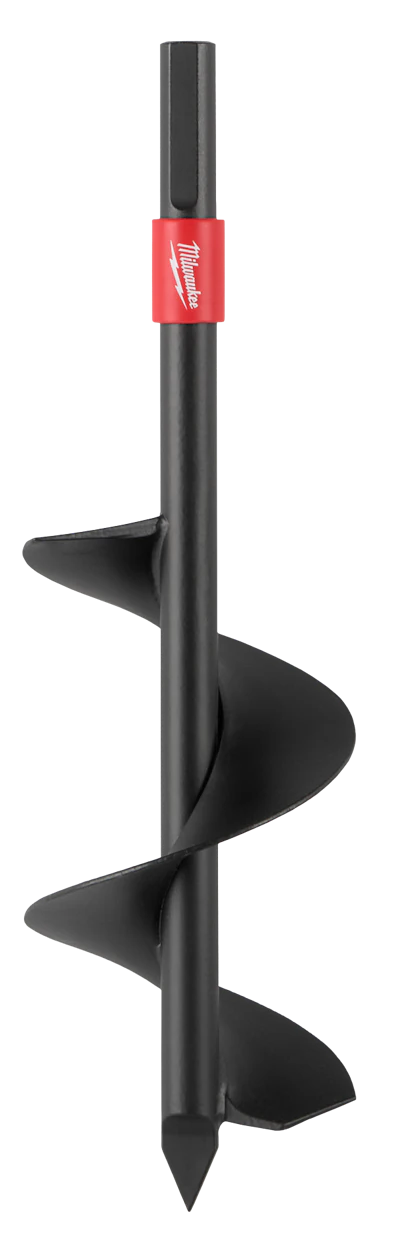 Milwaukee auger drill bit with red band collar and black spiral flutes