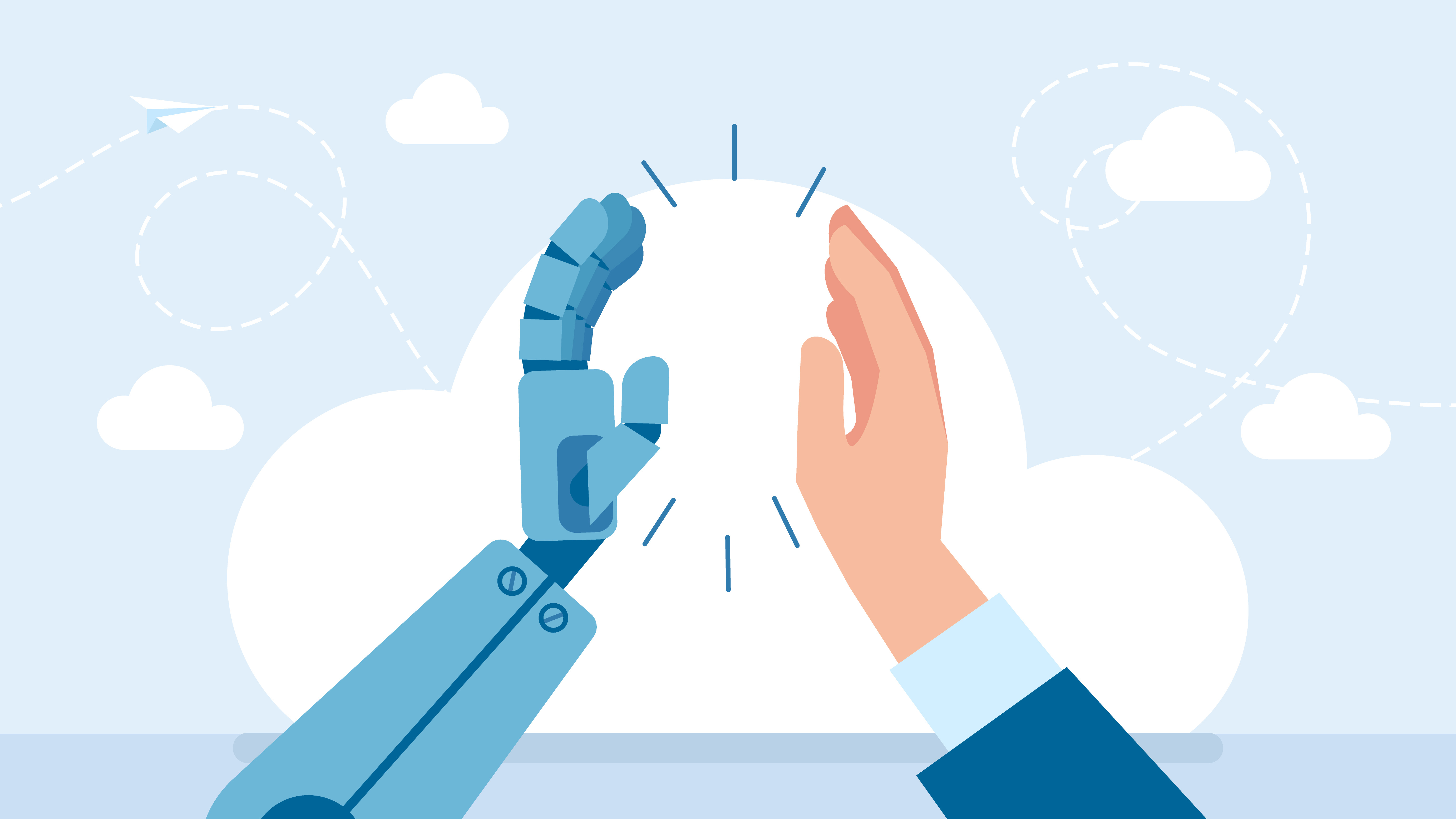 Robot and human hands meeting in a high-five gesture against a cloud-filled sky background