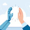 Robot and human hands meeting in a high-five gesture against a cloud-filled sky background