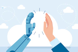 Robot and human hands meeting in a high-five gesture against a cloud-filled sky background