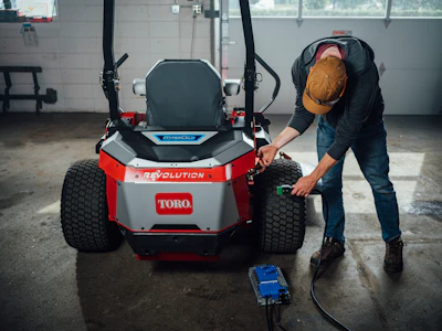 Check your electrical system. The Toro GrandStand Revolution can charge using a standard 120-volt outlet rated for 15 or 20 amps. The Z Master Revolution (pictured), will need a 240-volt, 30-amp outlet with a neutral and ground wire for safe operation.