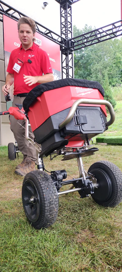 The story behind the battery-powered broadcast spreader is that one of the largest turfcare companies in the U.S. approached Milwaukee Tool with employees fatigued in the hot days after thousands of square feet of walking and pushing, the application suffered, and it caused retention problems. The Milwaukee design team soon found out it wasn't as simple as adding a battery to a manual solution and ended up making one in-house from the ground-up.