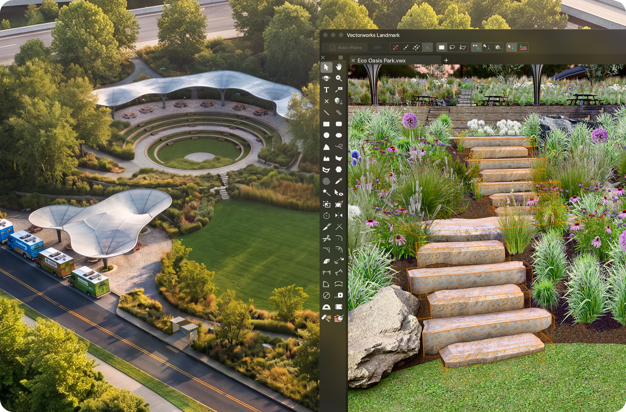 Split-screen landscape design showing aerial view of modern architectural complex on left and tiered garden with flowering plants and wooden steps on right