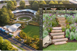 Split-screen landscape design showing aerial view of modern architectural complex on left and tiered garden with flowering plants and wooden steps on right