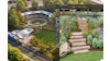 Split-screen landscape design showing aerial view of modern architectural complex on left and tiered garden with flowering plants and wooden steps on right