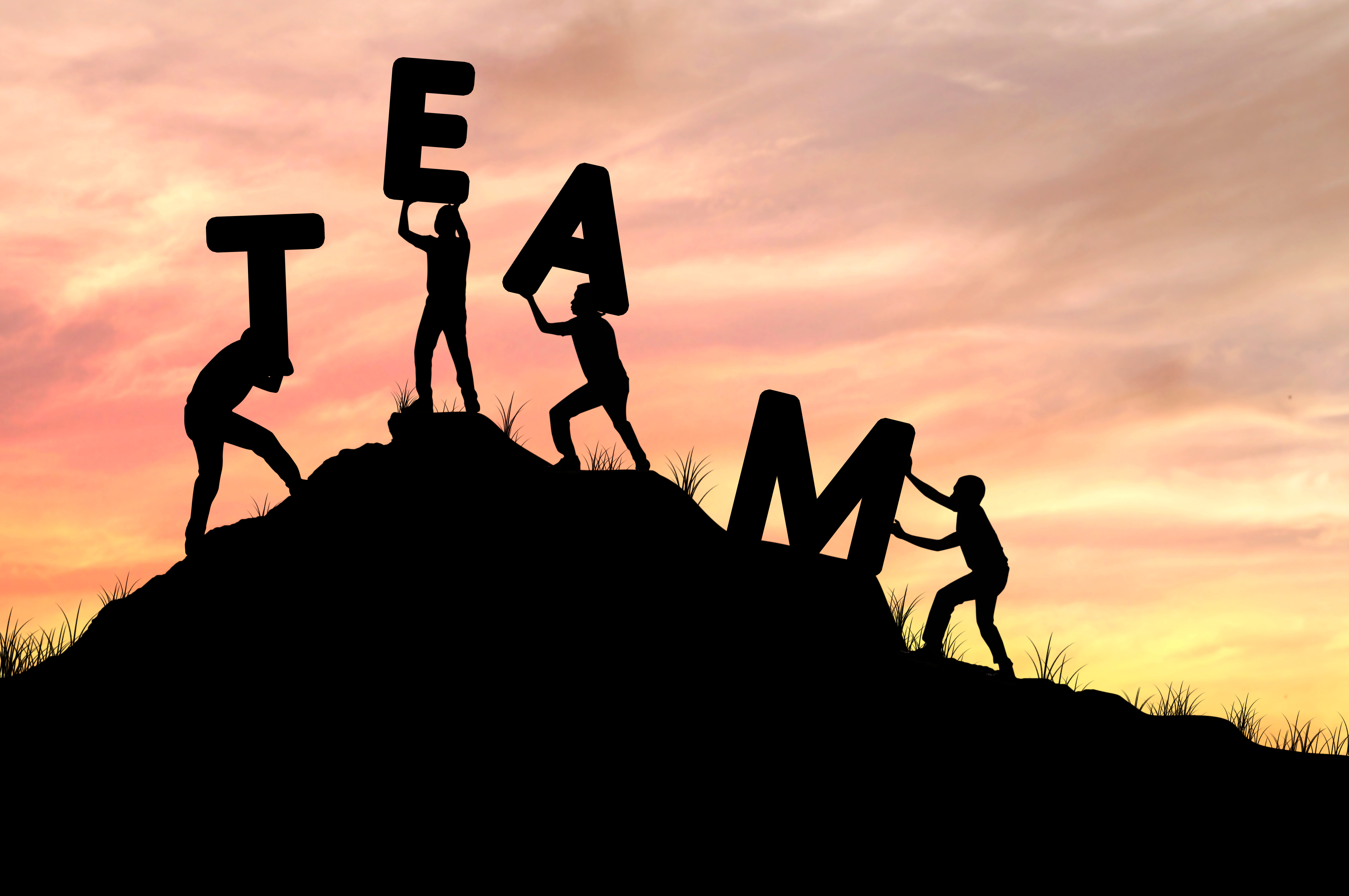 Silhouettes of people forming the word TEAM on a hillside at sunset