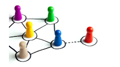 Colorful game pieces connected by lines representing a network or organizational structure diagram