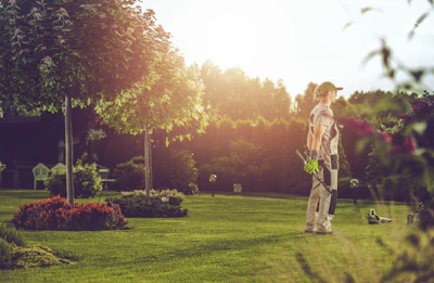 Person standing in sunlit garden with manicured lawn, flowering plants, and tall trees during golden hour