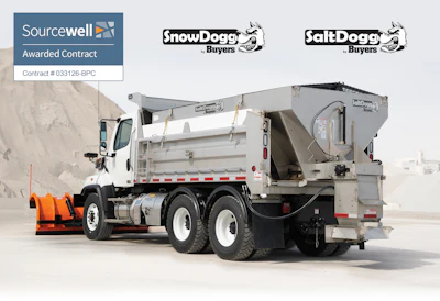 White commercial truck with orange plow and gray salt spreader attachment, branded with SnowDogg and SaltDogg logos
