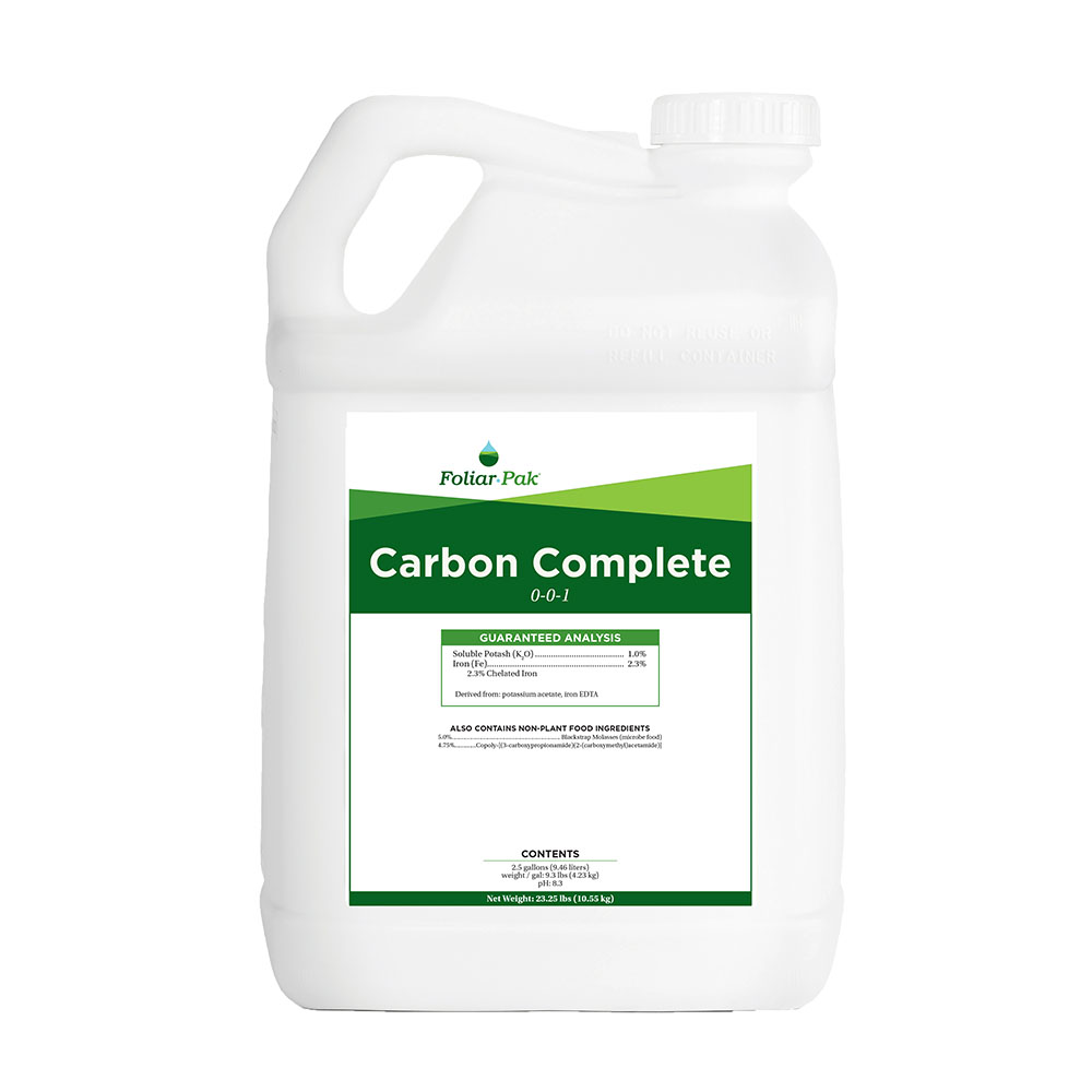 Foliar Pak Carbon Complete 0-0-1 fertilizer jug with product label and guaranteed analysis information