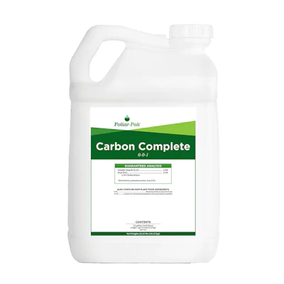 Foliar Pak Carbon Complete 0-0-1 fertilizer jug with product label and guaranteed analysis information