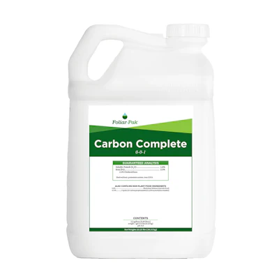 Foliar Pak Carbon Complete 0-0-1 fertilizer jug with product label and guaranteed analysis information