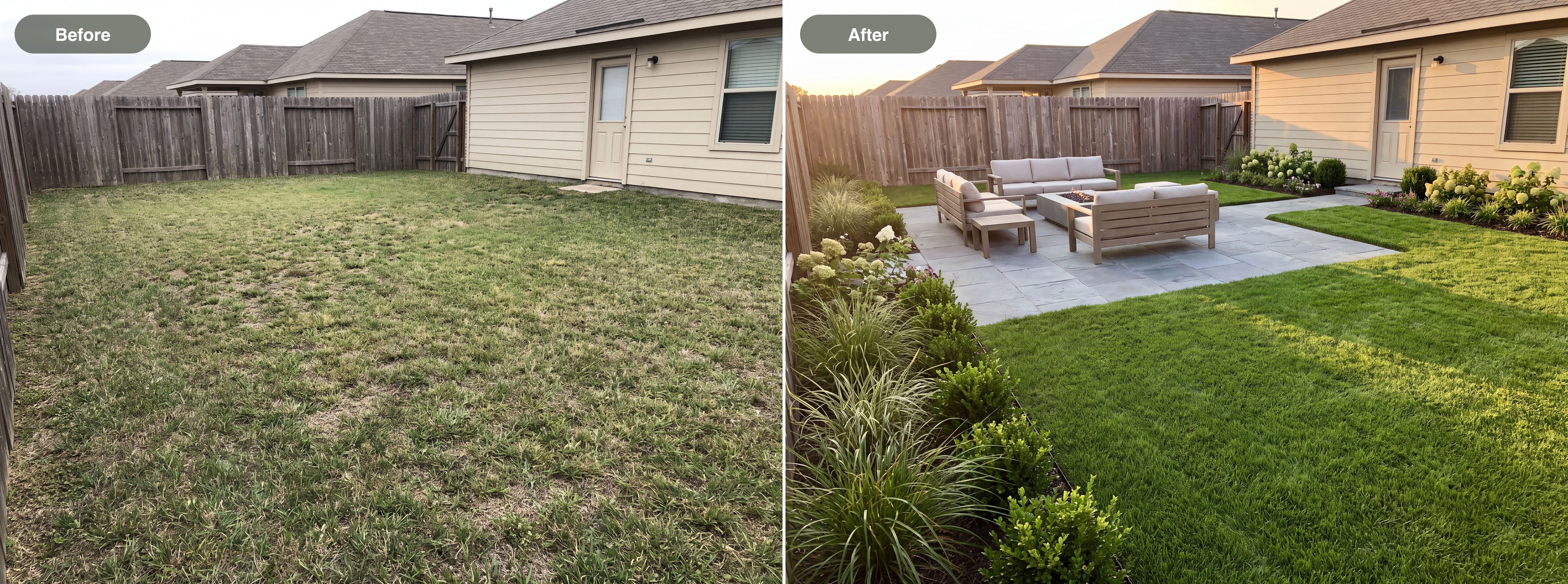 A backyard photo and an OutdoorBrite design concept generated from it. Contractors use the tool on-site to show clients redesign options on their own property.