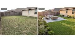 A backyard photo and an OutdoorBrite design concept generated from it. Contractors use the tool on-site to show clients redesign options on their own property.