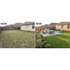 A backyard photo and an OutdoorBrite design concept generated from it. Contractors use the tool on-site to show clients redesign options on their own property.