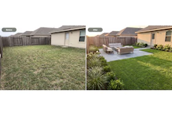 A backyard photo and an OutdoorBrite design concept generated from it. Contractors use the tool on-site to show clients redesign options on their own property.